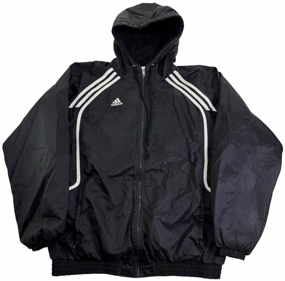 Vintage Adidas Puffer Full Zip Jacket Black Hooded Insulated 3 Stripe Men's Sz M